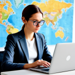 A thoughtful professional, fully clothed in modest business casual attire, working on a laptop in a bright, modern co-working space. The background abstractly blends blurred global cityscapes and subtle world map elements, symbolizing the ambiguity of international tax residency for a digital nomad. The subject has a natural pose, looking at the screen with a slightly pondering expression, surrounded by subtle, non-distracting visual cues of financial data or abstract lines representing borders. The image conveys clarity and professionalism. Safe for work, appropriate content, fully clothed, professional dress, perfect anatomy, correct proportions, well-formed hands, proper finger count, natural body proportions, professional photography, high quality, realistic.