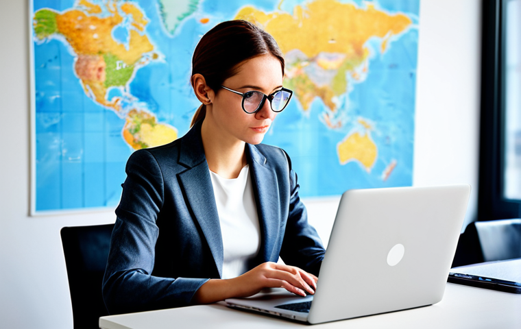 A thoughtful professional, fully clothed in modest business casual attire, working on a laptop in a bright, modern co-working space. The background abstractly blends blurred global cityscapes and subtle world map elements, symbolizing the ambiguity of international tax residency for a digital nomad. The subject has a natural pose, looking at the screen with a slightly pondering expression, surrounded by subtle, non-distracting visual cues of financial data or abstract lines representing borders. The image conveys clarity and professionalism. Safe for work, appropriate content, fully clothed, professional dress, perfect anatomy, correct proportions, well-formed hands, proper finger count, natural body proportions, professional photography, high quality, realistic.