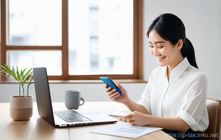 근로소득 원천징수 신고 - **A modern Japanese professional filing taxes with ease.** A well-dressed Japanese woman in her earl...