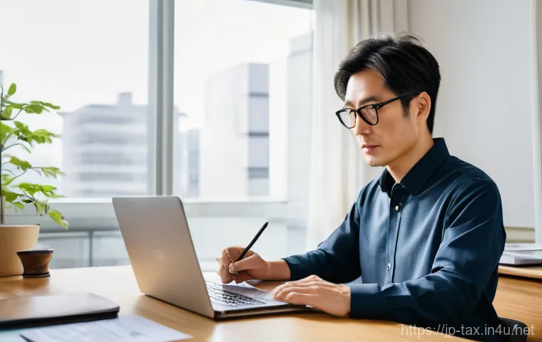 근로소득 원천징수 신고 - **A modern Japanese professional filing taxes with ease.** A well-dressed Japanese woman in her earl...