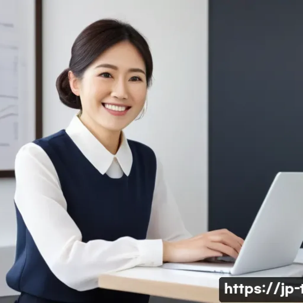 납세자 권리와 의무 - A professional and confident Japanese woman in her late 30s sits at a modern, clean desk in a well-l...