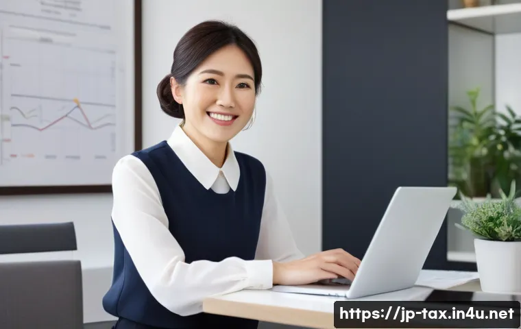 납세자 권리와 의무 - A professional and confident Japanese woman in her late 30s sits at a modern, clean desk in a well-l...