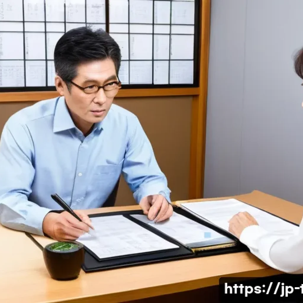 상속세 신고 유의사항 - A modern Japanese office scene showing a professional tax advisor explaining inheritance tax documen...