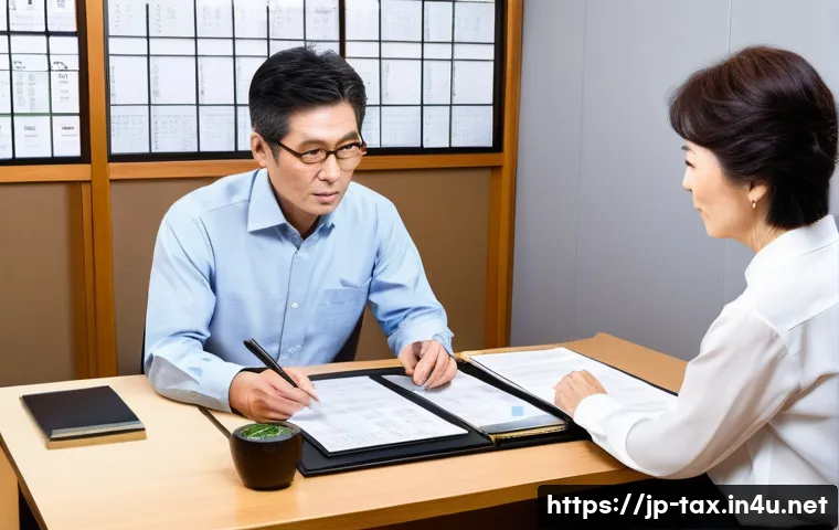 상속세 신고 유의사항 - A modern Japanese office scene showing a professional tax advisor explaining inheritance tax documen...