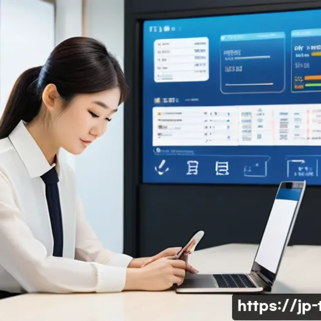 국세청 홈택스 활용법 - A modern Japanese office scene showing a young professional woman using her smartphone to complete a...