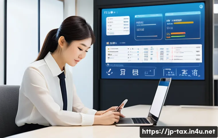 국세청 홈택스 활용법 - A modern Japanese office scene showing a young professional woman using her smartphone to complete a...