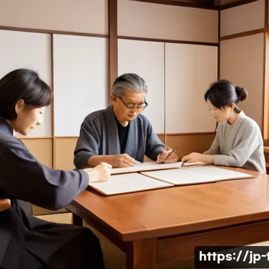 상속재산 분할과 세금 - A modern Japanese family sitting around a low table in a bright, minimalistic living room, calmly di...