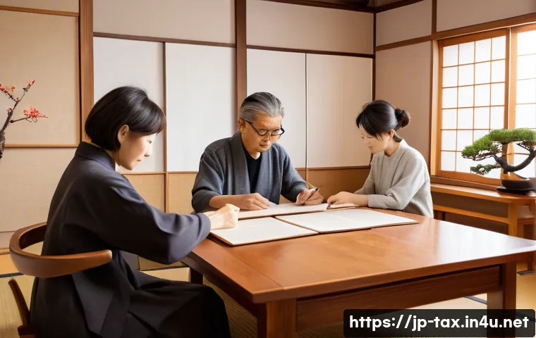 상속재산 분할과 세금 - A modern Japanese family sitting around a low table in a bright, minimalistic living room, calmly di...