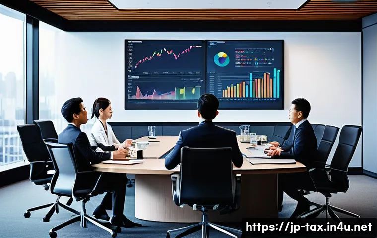 법인세율 변화 추이 - A modern corporate office environment with diverse business professionals discussing global tax stra...