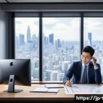 해외 부동산 세금 규정 - A professional Japanese investor sitting at a modern desk with multiple screens displaying internati...