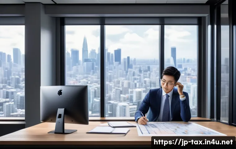 해외 부동산 세금 규정 - A professional Japanese investor sitting at a modern desk with multiple screens displaying internati...