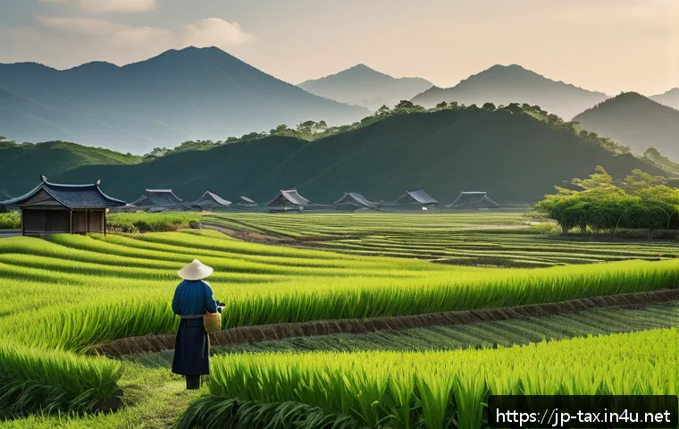 농지 취득과 세금 문제 - A serene Japanese rural landscape showcasing a newly purchased agricultural field bordered by tradit...