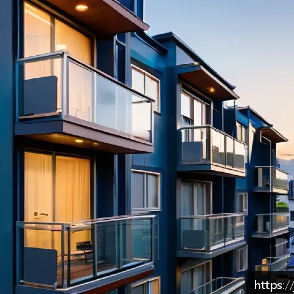 임대소득세 신고 요령 - A modern Japanese apartment building exterior at dusk, softly illuminated windows, with a clear view...