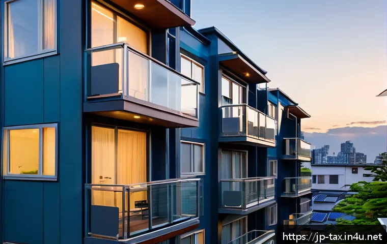 임대소득세 신고 요령 - A modern Japanese apartment building exterior at dusk, softly illuminated windows, with a clear view...