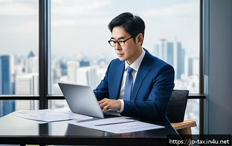 외국인 투자자의 세금 - A modern Japanese office setting where a professional foreign investor in business attire is careful...